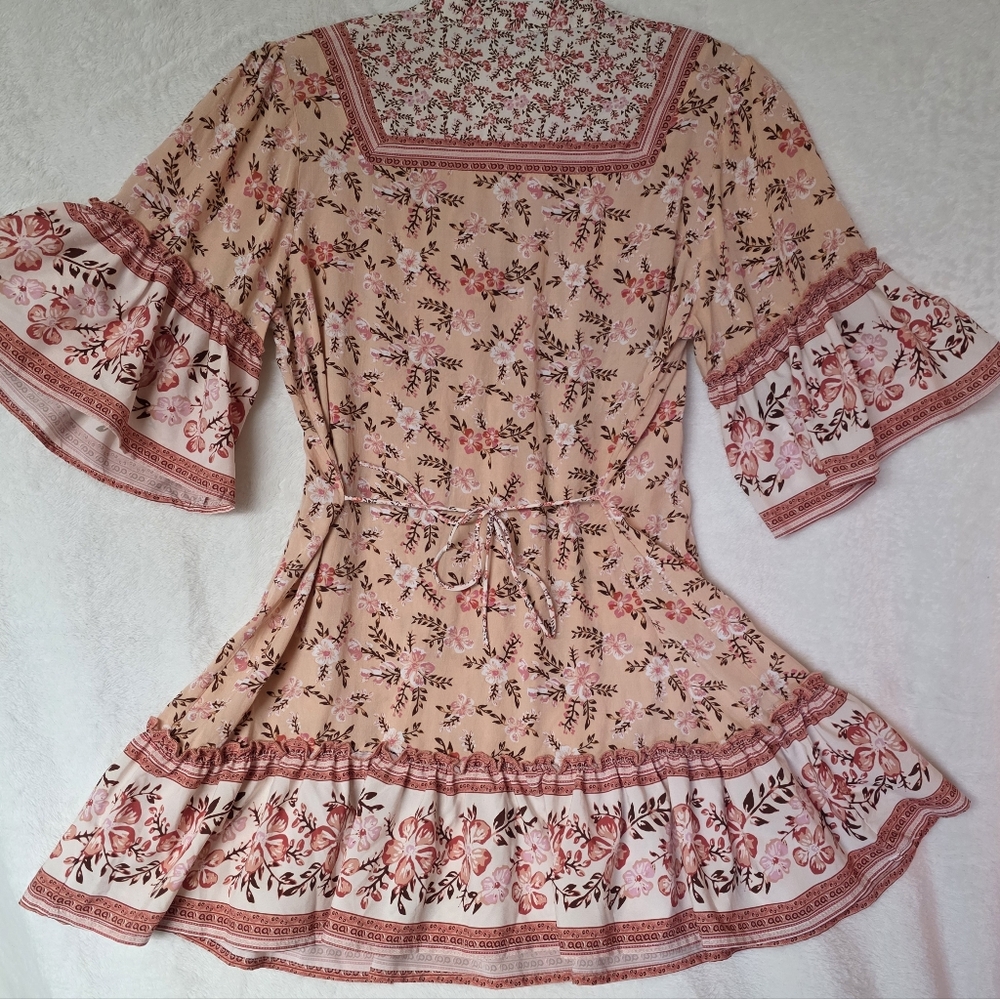 Hey Samy Babydoll Dress Floral Bohemian V-neck Bell Sleeves Tassels Flared SizeL - Picture 4 of 7
